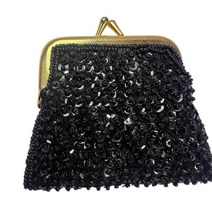 Vintage Small Black Sequined Gold Kiss lock Coin Change Purse 4"